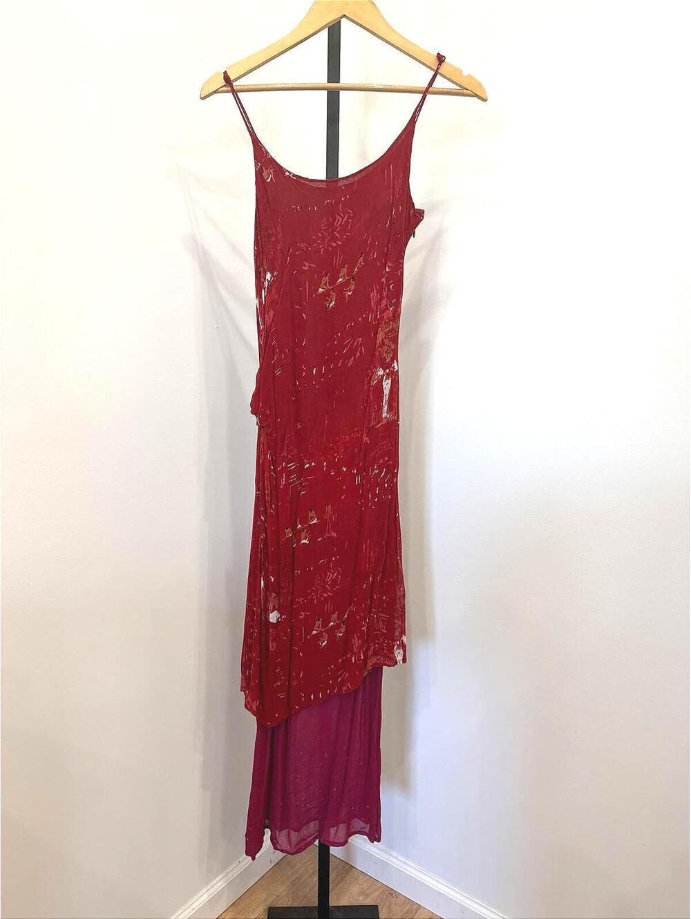 Vintage 90s Newport News 16 Red Sleeveless Maxi Dress with Abstract Pattern